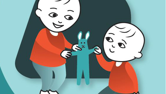 Grafik med to børn og en bamse